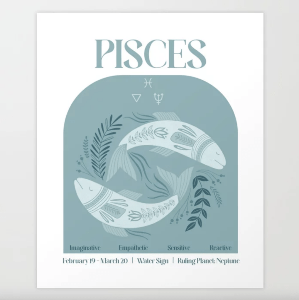 Art print depicting Pisces key traits for Pisces gift